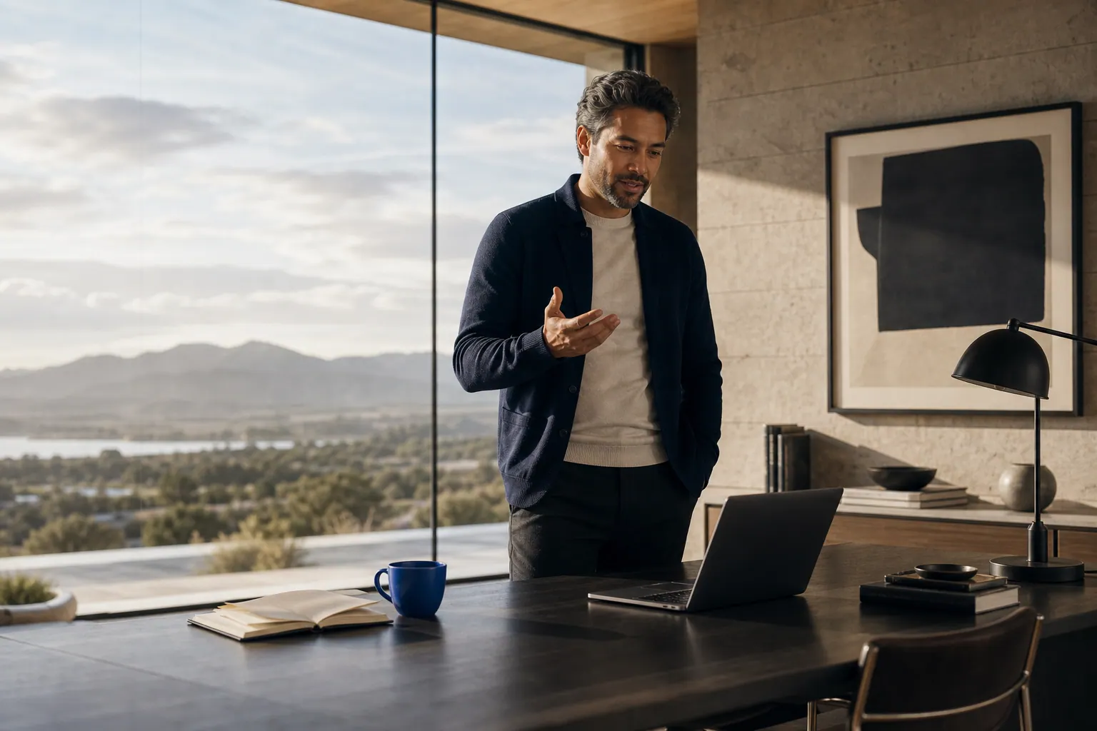 Experienced remote leader working from a modern space